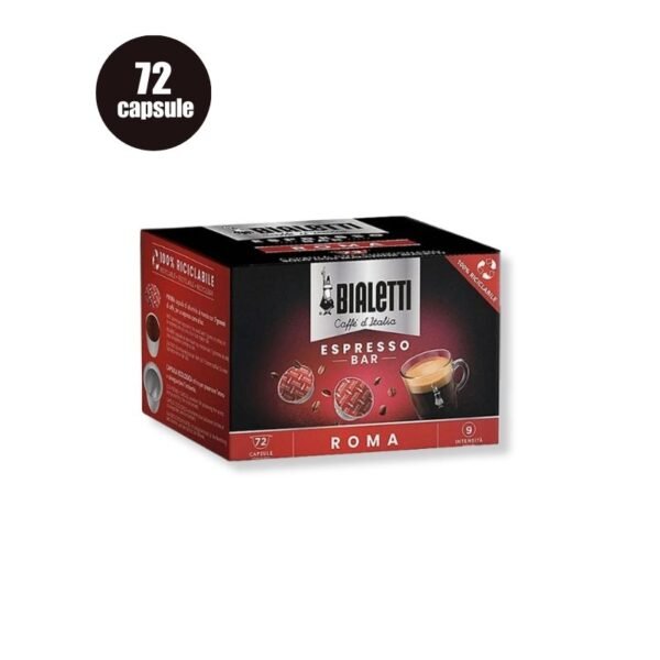 Cutie 72 Capsule Bialetti Espresso Roma, cafea cu aromă intensă și note de fructe uscate
