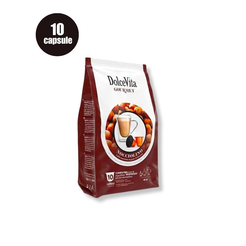 Cutie cu 10 Capsule DolceVita Nocciolino – Compatibile Nespresso, cafea solubilă cu aromă de alune de pădure