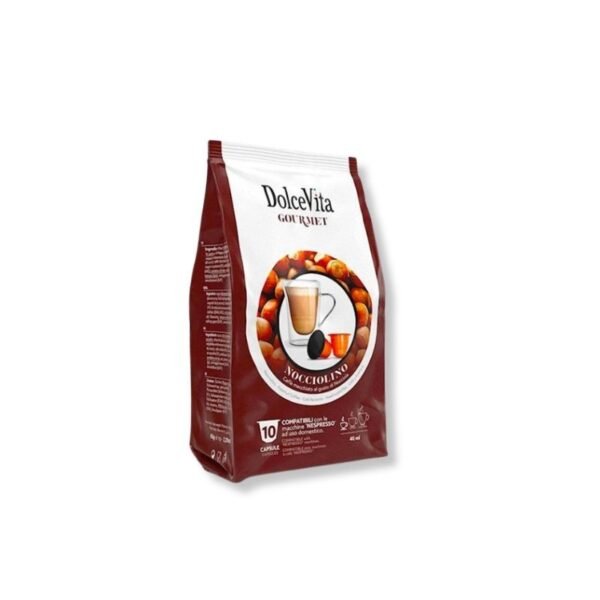 Cutie cu 10 Capsule DolceVita Nocciolino – Compatibile Nespresso, cafea solubilă cu aromă de alune de pădure