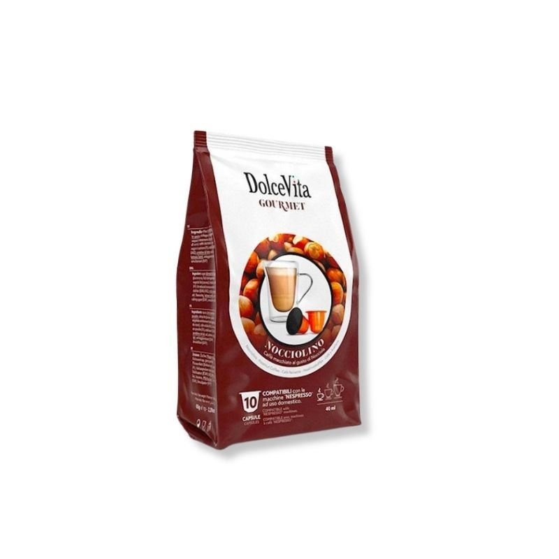 Cutie cu 10 Capsule DolceVita Nocciolino – Compatibile Nespresso, cafea solubilă cu aromă de alune de pădure