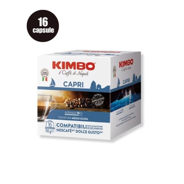 Cutie cu 16 Capsule Kimbo Capri – Compatibile Dolce Gusto pentru o cafea intensă și rafinată