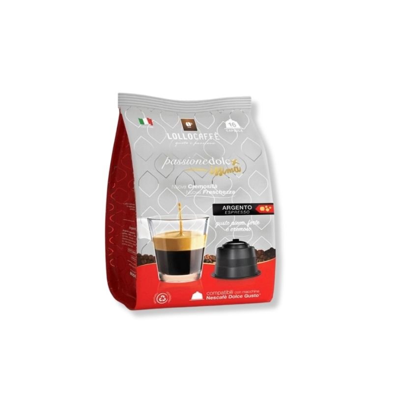 Imagine 16 Capsule Lollo Caffe Espresso Argento – Compatibile Dolce Gusto, cafea intensă și cremoasă