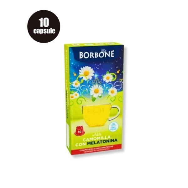 Imagine cu 10 Capsule Borbone Ceai Mușețel cu Melatonină – Compatibile Nespresso, infuzie relaxantă