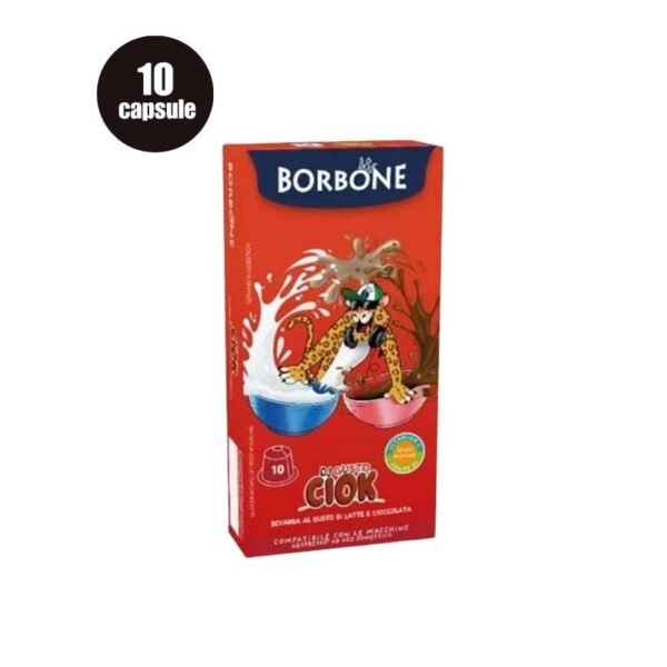 Imagine cu 10 Capsule Borbone Dj Gusto Ciok – Compatibile Nespresso, băutură cu lapte și ciocolată pentru copii