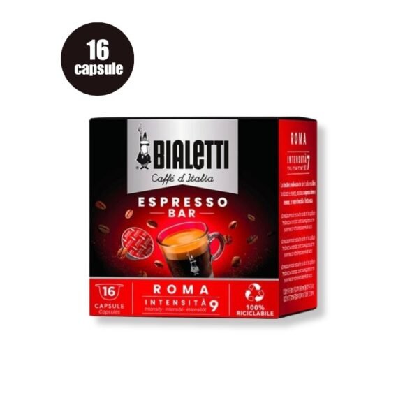 Imagine cu 16 Capsule Bialetti Espresso Roma, cafea cu aromă puternică și note de fructe uscate