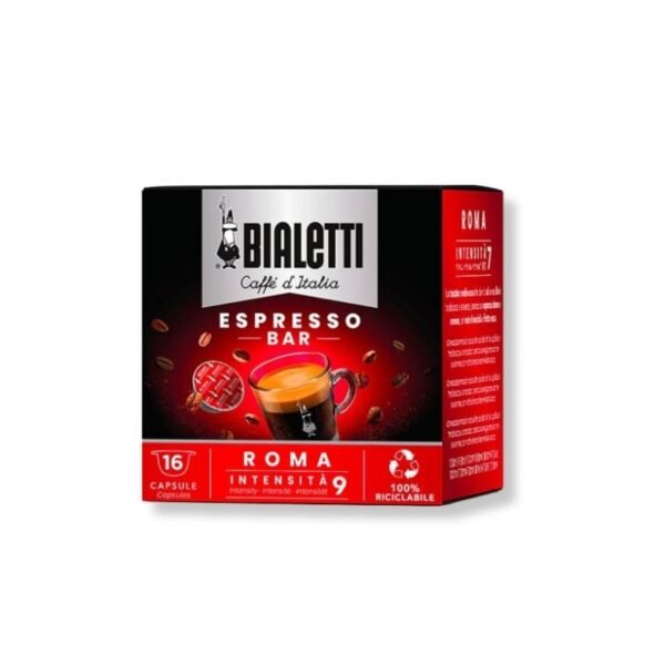Imagine cu 16 Capsule Bialetti Espresso Roma, cafea cu aromă puternică și note de fructe uscate
