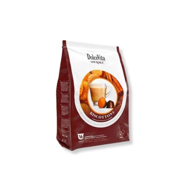 Imagine cu 16 Capsule DolceVita Biscottone – Compatibile Dolce Gusto, băutură cu aromă de cafea, lapte și biscuiți cu scorțișoară
