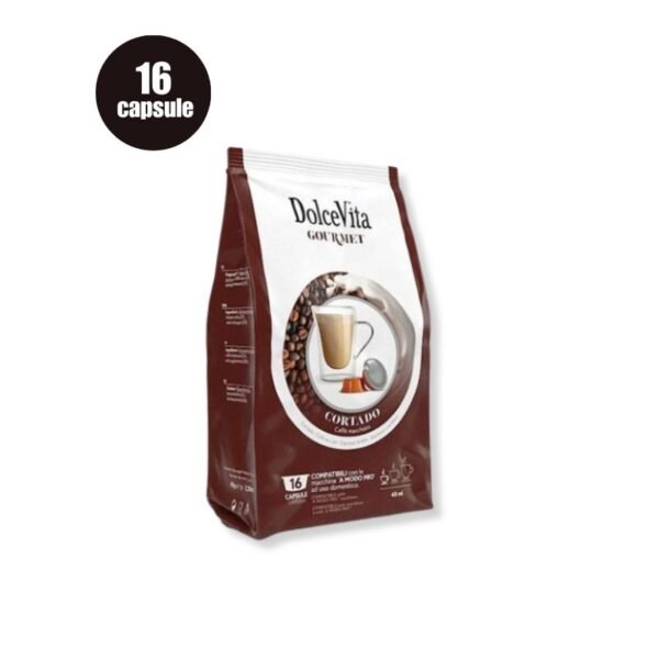 Imagine cu 16 Capsule DolceVita Cortado – Compatibile A Modo Mio, băutură solubilă cu cafea și lapte