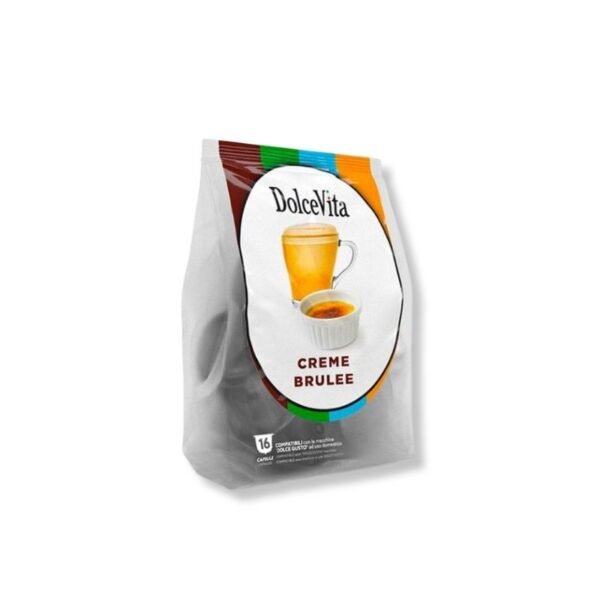Imagine cu 16 Capsule DolceVita Creme Brulee – Compatibile Dolce Gusto, băutură cu aromă de cremă caramelizată