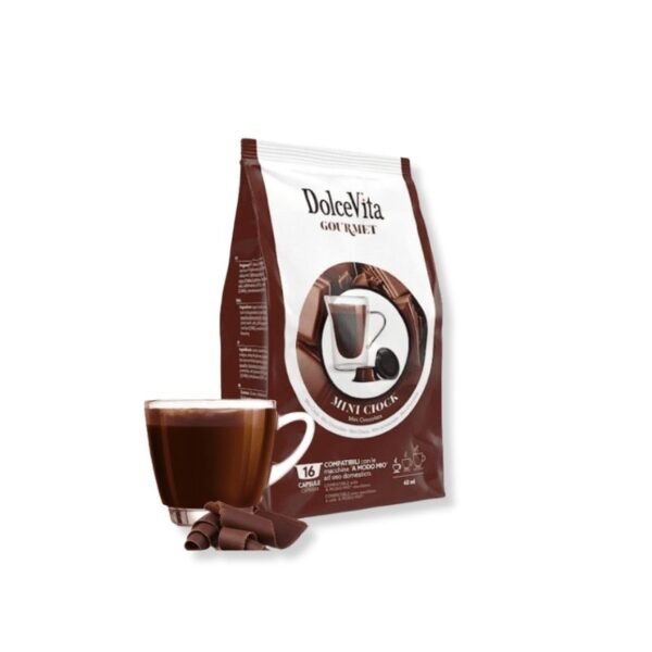 Imagine cu 16 Capsule DolceVita Mini Ciock – Compatibile A Modo Mio, băutură solubilă cu aromă de ciocolată
