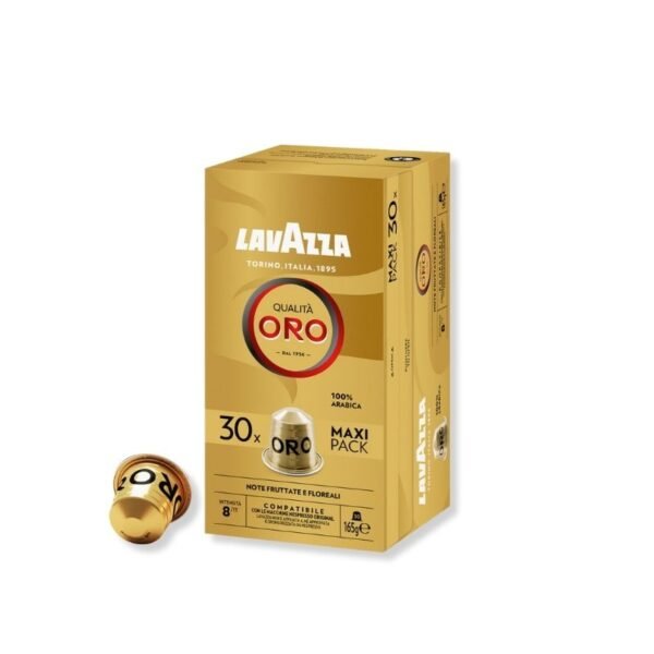 Imagine cu 30 Capsule Aluminiu Lavazza Qualita Oro – Compatibile Nespresso, espresso elegant cu note fructate și florale
