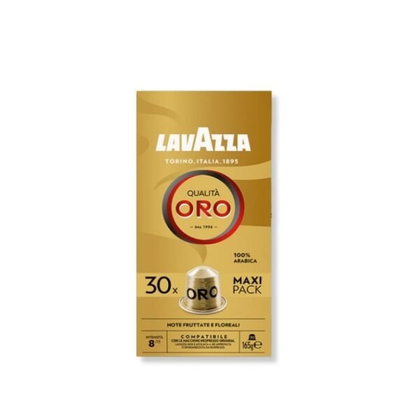 Imagine cu 30 Capsule Aluminiu Lavazza Qualita Oro – Compatibile Nespresso, espresso elegant cu note fructate și florale