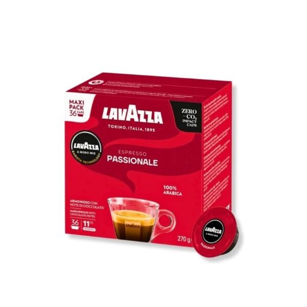 Imagine cu 36 Capsule Lavazza A Modo Mio – Espresso Passionale, cafea intensă cu arome de caramel și ciocolată