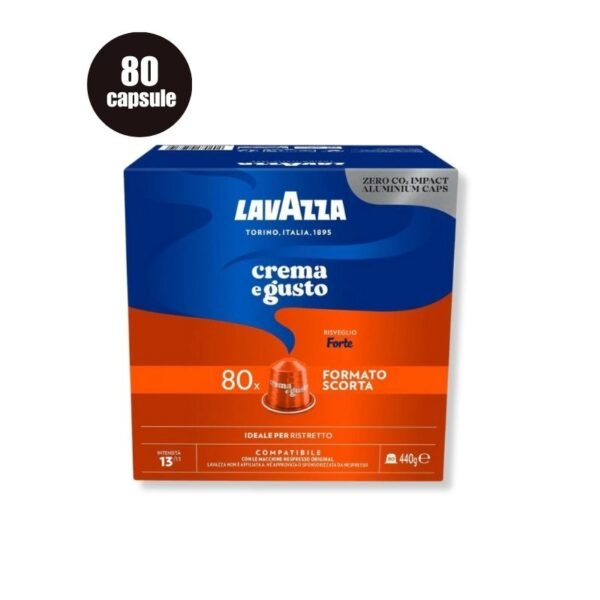 Imagine cu 80 Capsule Aluminiu Lavazza Crema e Gusto Forte – Compatibile Nespresso, espresso intens cu note de lemn și cacao