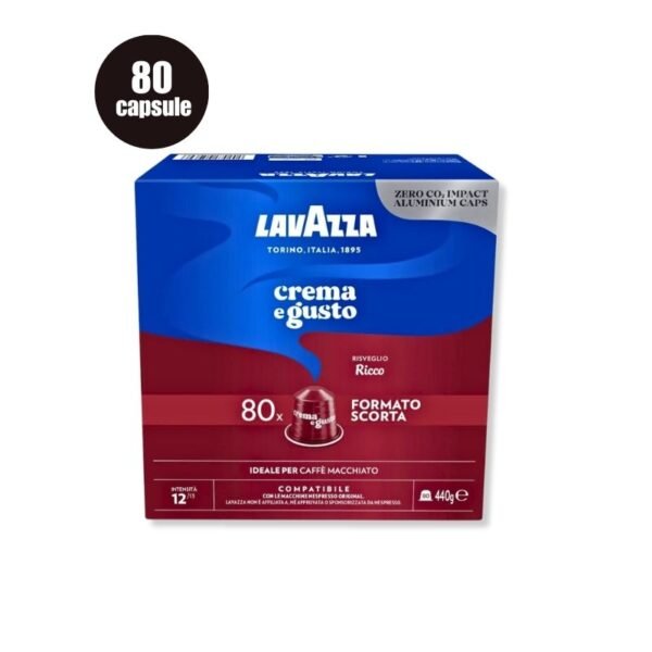 Imagine cu 80 Capsule Aluminiu Lavazza Crema e Gusto Ricco – Compatibile Nespresso, espresso cu note de ciocolată și caramel