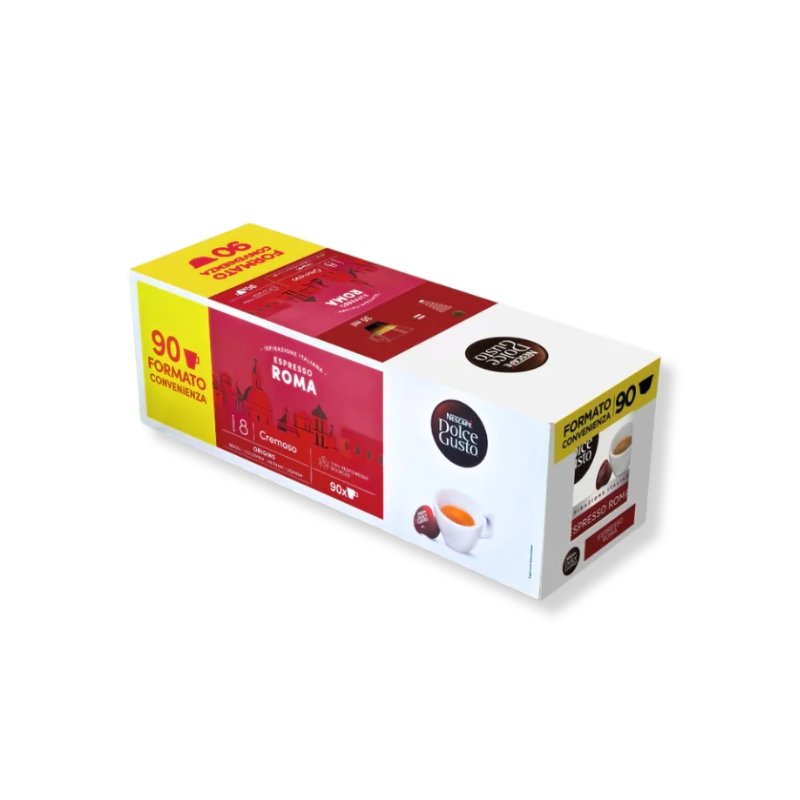 Ambalajul elegant pentru 90 Capsule Nescafe Dolce Gusto Espresso Roma, alături de un espresso cu cremă groasă.