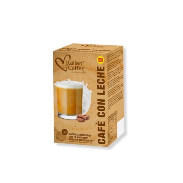 Ambalajul și o ceașcă cremoasă preparată cu 30 Capsule Italian Coffee CaffeLatte – Compatibile Dolce Gusto.