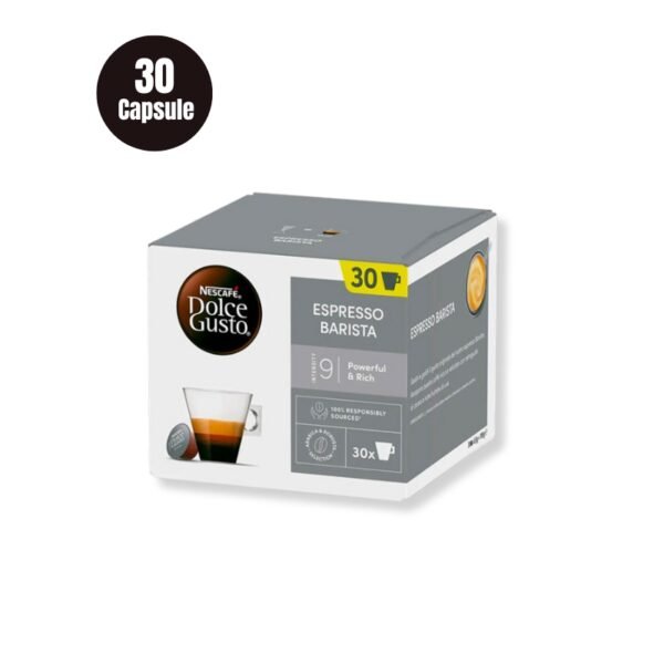 Cutia de 30 Capsule Nescafe Dolce Gusto Espresso Barista, prezentând o cafea densă și aromată.