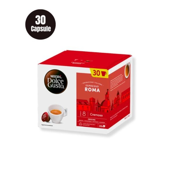 Cutia de 30 Capsule Nescafe Dolce Gusto Espresso Roma, prezentând un espresso bogat cu note de coacăze.