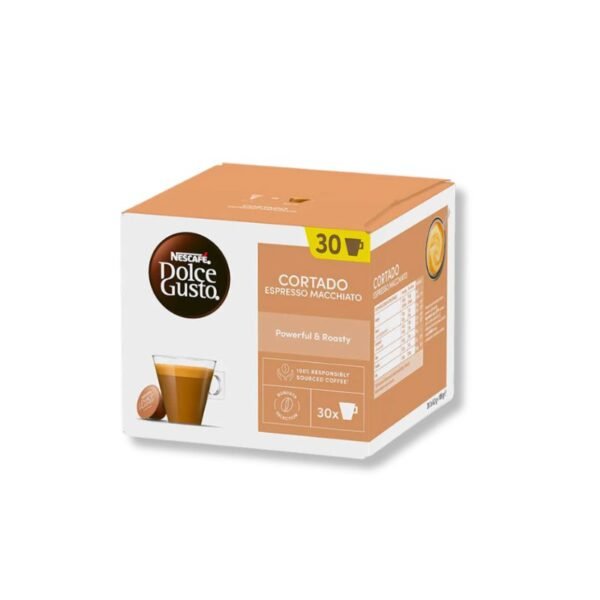 Cutie cu 30 Capsule Nescafe Dolce Gusto Cortado, specialitate espresso macchiato.