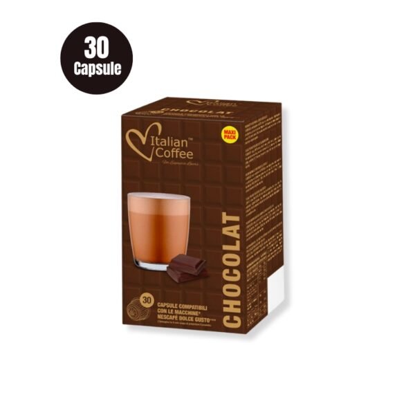 O ceașcă aburindă de ciocolată caldă densă, lângă cutia de 30 Capsule Italian Coffee Ciocolata – Compatibile Dolce Gusto.