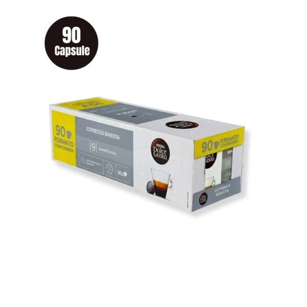 Pachetul generos de 90 Capsule Nescafe Dolce Gusto Espresso Barista, alături de o ceașcă cu cremă densă.