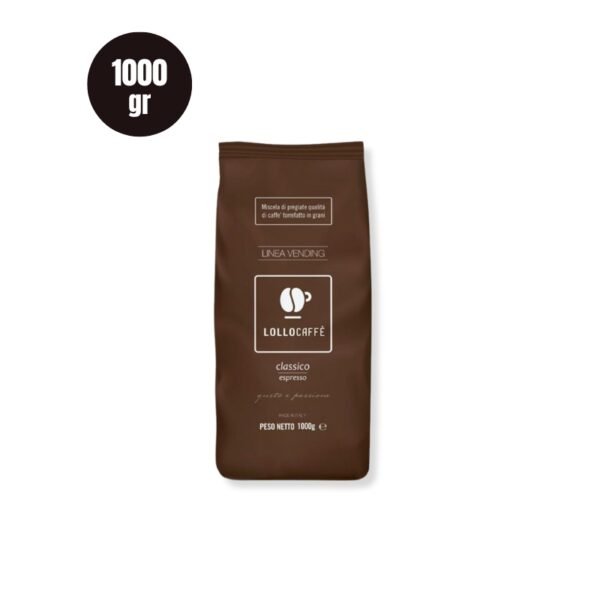 Punga de 1 Kg de Cafea Boabe Lollo Caffe Linea Vending – Miscela Classico 1 Kg, un amestec echilibrat 50% Arabica și 50% Robusta.
