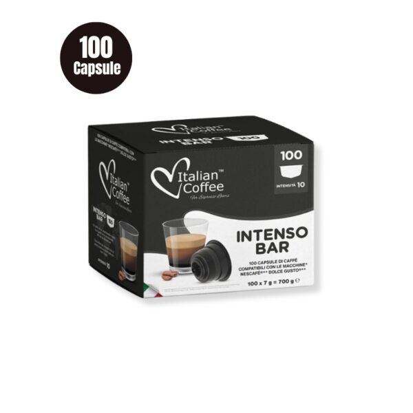 Un pachet de 100 Capsule Italian Coffee Intenso Bar – Compatibile Dolce Gusto, cu o intensitate de 1010.