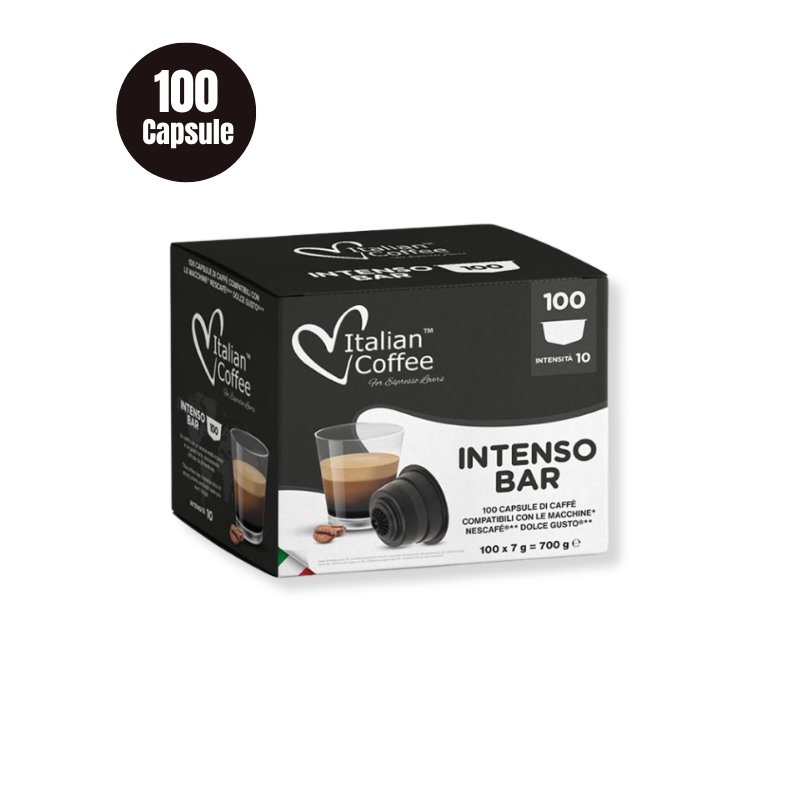Un pachet de 100 Capsule Italian Coffee Intenso Bar – Compatibile Dolce Gusto, cu o intensitate de 1010.