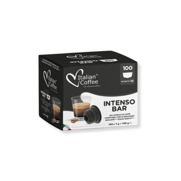 Un pachet de 100 Capsule Italian Coffee Intenso Bar – Compatibile Dolce Gusto, cu o intensitate de 1010.