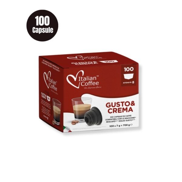 Un set de 100 Capsule Italian Coffee Gusto e Crema – Compatibile Dolce Gusto, cu un amestec de 40% Arabica și 60% Robusta.