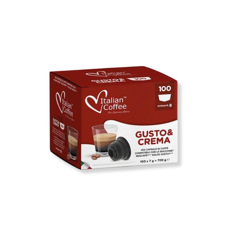 Un set de 100 Capsule Italian Coffee Gusto e Crema – Compatibile Dolce Gusto, cu un amestec de 40% Arabica și 60% Robusta.